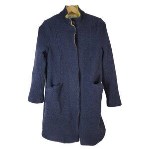 Boden Hengrave Coat Blue Size 12 High Collar Snap Pocket Lined T0198 Boiled Wool
